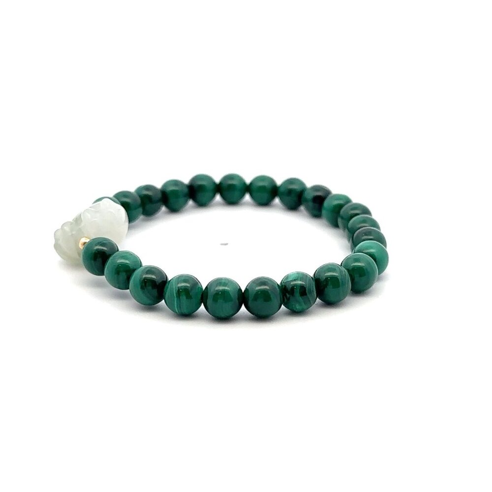 Natural Malachite Gemstones Stretch Bracelet and Carved Paw Jade 18k Tiny Beads - Picture 3 of 6